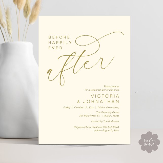 Moderne Probe-Dinnerparty vor dem Happy End Einladung (Modern Before Happily Ever After Romantic Rehearsal Dinner Invites Card PDF Aesthetic Yellow Gold)