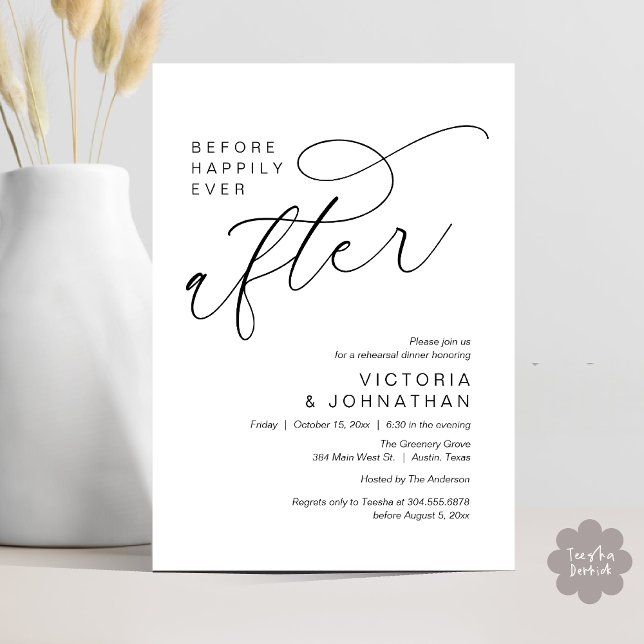 Moderne Probe-Dinnerparty vor dem Happy End Einladung (Modern Before Happily Ever After Romantic Rehearsal Dinner Invites Card PDF Aesthetic White Black)