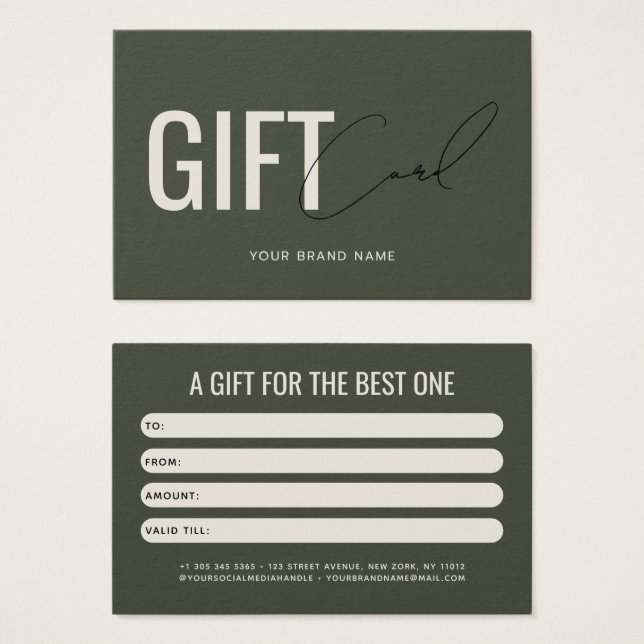 Moderne professionelle olivgrüne Geschenkkarte für (Vorne & Hinten)