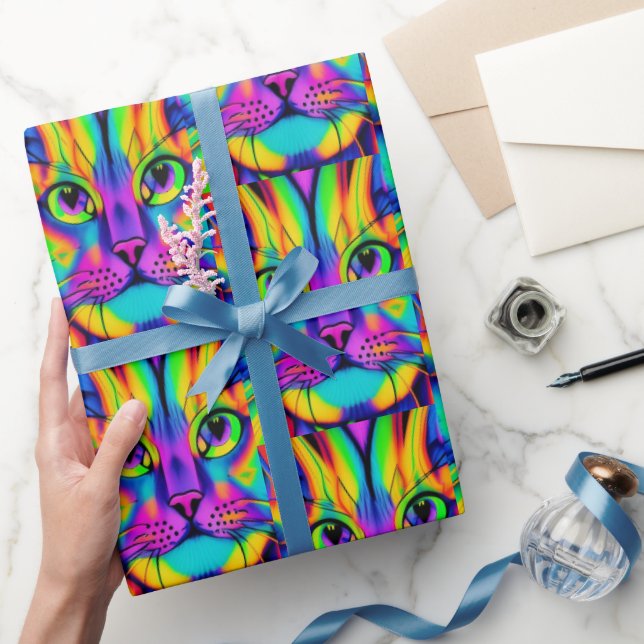 Moderne psychedelische Katzenmuster einzigartig fa Geschenkpapier (Schenken)