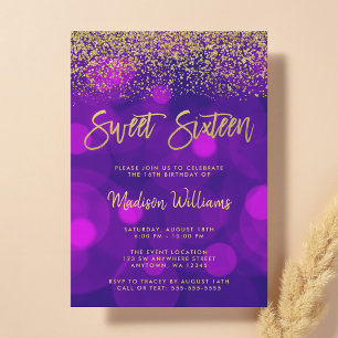 Moderne Purple Bokeh Gold Glitter Sweet 16 Einladung