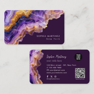Moderne Purpur-Achat-Goldmarmor- & QR-Code-Logo Visitenkarte
