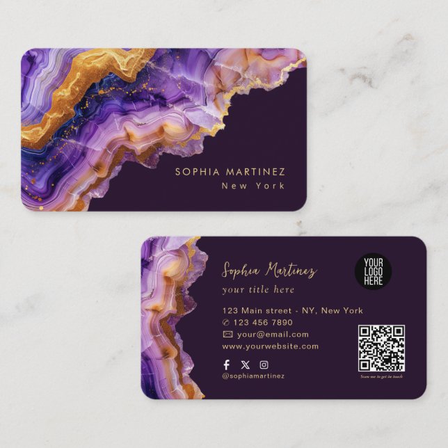 Moderne Purpur-Achat-Goldmarmor- & QR-Code-Logo Visitenkarte (Vorne/Hinten)