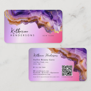 Moderne QR-Code aus Purpur-Achat und gold glänzend Visitenkarte