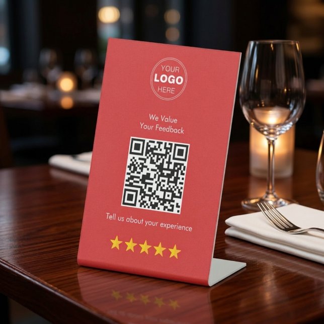 Moderne QR-Code-Feedback- und Bewertungen Rot und  Sockelschild (Boost Restaurant Reviews: Modern Red QR Code Pedestal Sign for Tabletop)