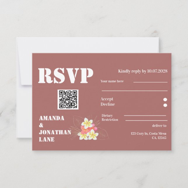 Moderne QR Code Floral Terracotta Wedding RSVP Car (Vorderseite)