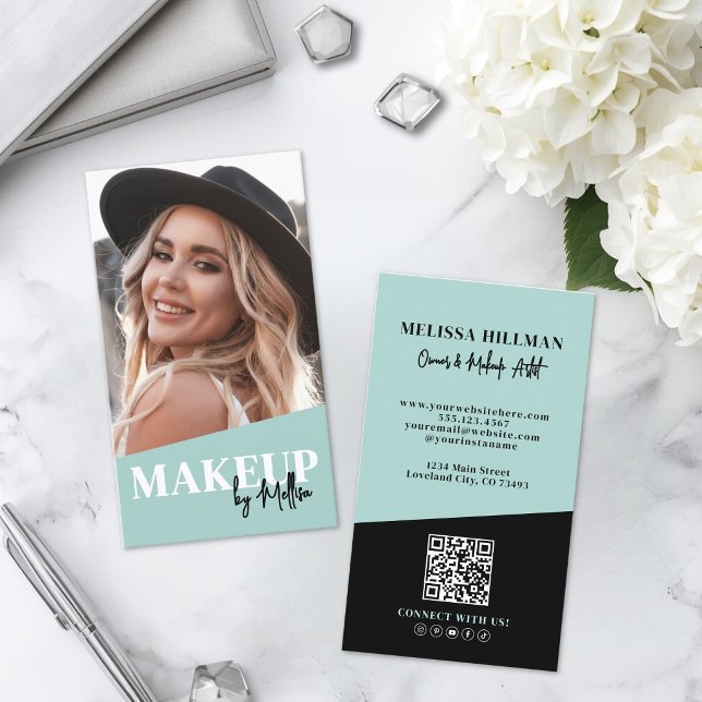 Moderne QR-Code-Foto-Make-up Vertikal Visitenkarte (Modern QR Code Photo Makeup Vertical Business Card )