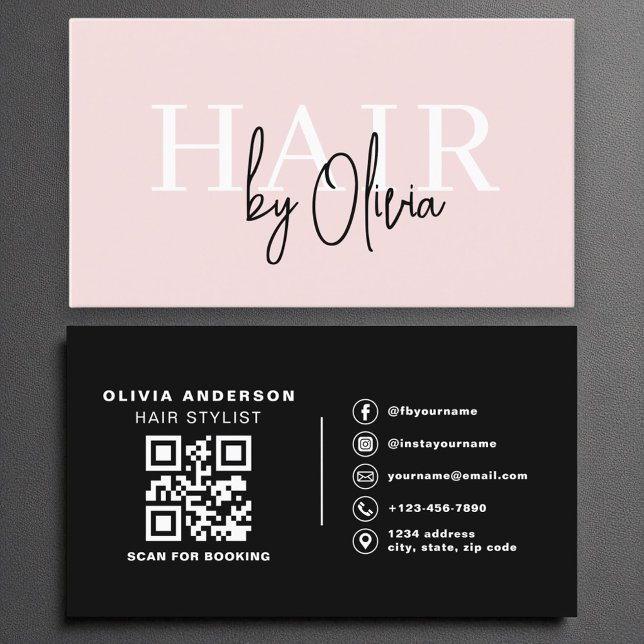 Moderne QR-Code-Haarstylist Blush Pink Typografie Visitenkarte (Von Creator hochgeladen)