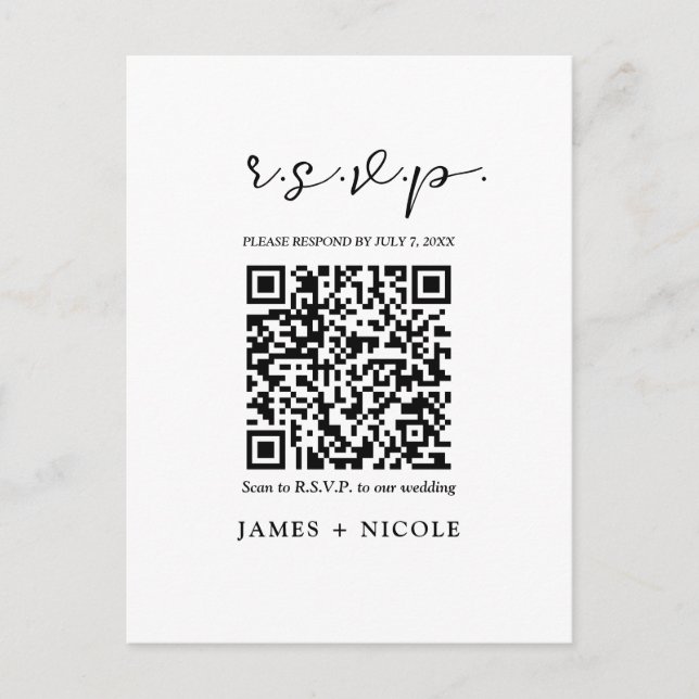 Moderne QR Code Scannable Wedding R.S.V.P. Antwort Postkarte (Vorderseite)