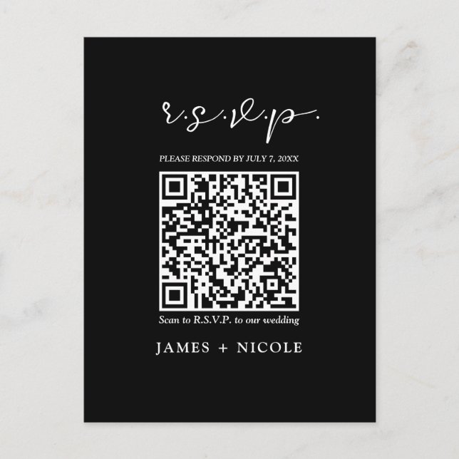 Moderne QR Code Scannable Wedding R.S.V.P. Antwort Postkarte (Vorderseite)