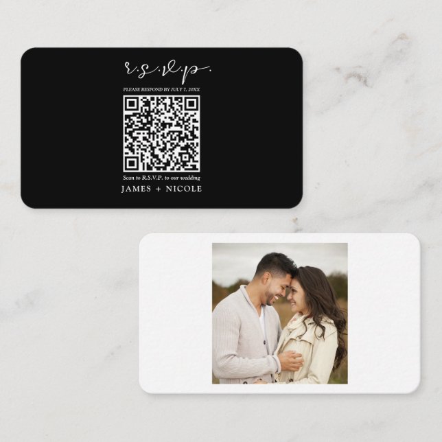 Moderne QR Code Scannable Wedding R.S.V.P. Antwort Visitenkarte (Vorne/Hinten)