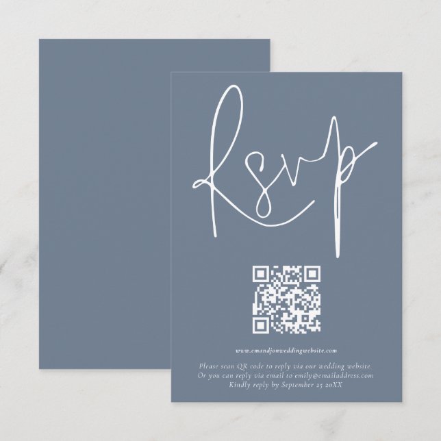Moderne QR-Code-Skript Hochzeit Dusty Blue RSVP-Ka Einladung (Vorne/Hinten)