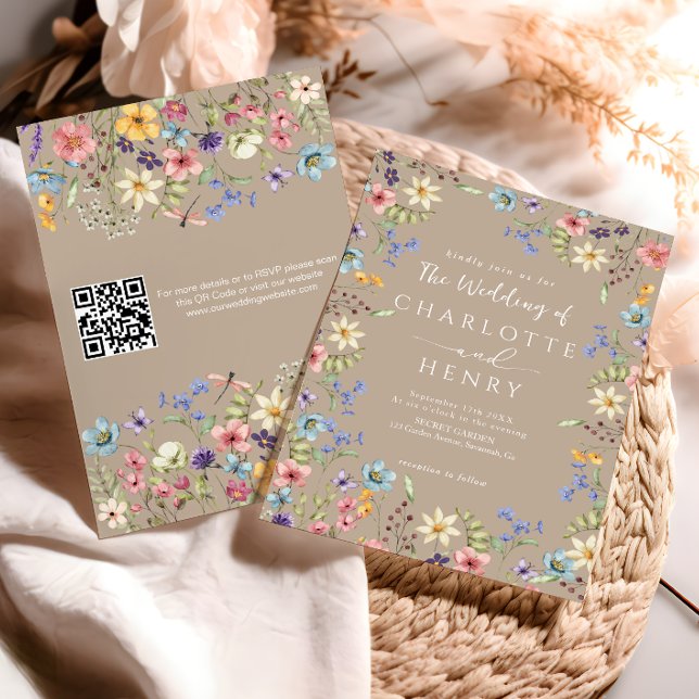 Moderne QR Code Taupe Rustikale Wildblume Hochzeit Einladung (Von Creator hochgeladen)