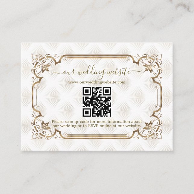 Moderne QR Gold White Art Deco Hochzeitswebsite Begleitkarte (Vorderseite)