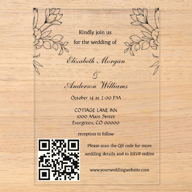 Moderne QR-Hochzeit Acryleinladungen (Vorderseite)