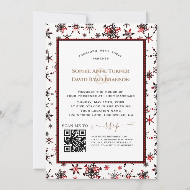 Moderne QR Winterferien Rotes Buffalo Hochzeit Einladung (Vorderseite)