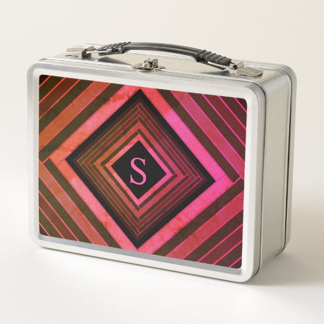 Moderne Quadrate rustikal rosa geometrische Monogr Metall Lunch Box (Vorderseite)