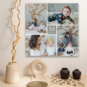 Moderne quadratische Familienmonogramm-Fotocollage Leinwanddruck