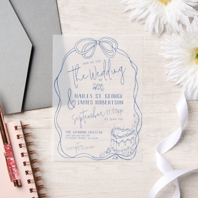 Moderne Quirky Hand Drawn Bow BLAUE Retro Hochzeit (Hochzeit)