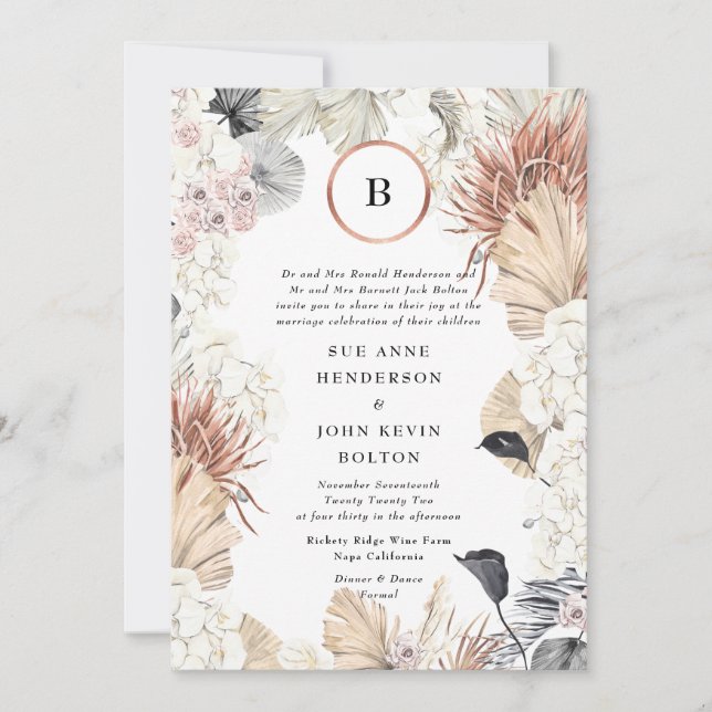 Moderne Rahmen Pampas | Monogramm Goldfolie | weiß Einladung (Vorderseite)