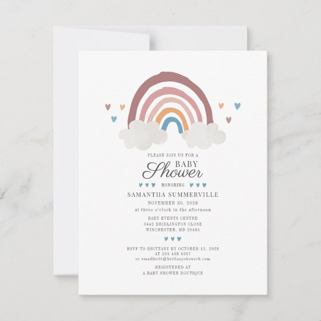Moderne Rainbow Boho Script Chic Baby Dusche Einladung (Vorderseite)