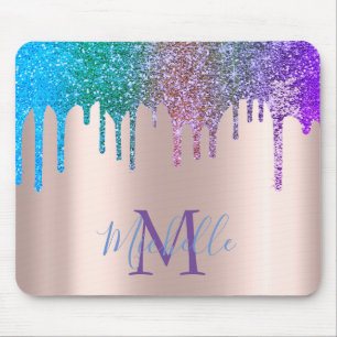 Moderne Rainbow Glitzer Tropfen Rose Gold Monogram Mousepad