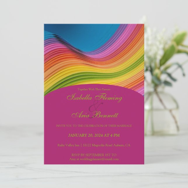 Moderne Rainbow Wave Wedding Einladung (Stehend Vorderseite)