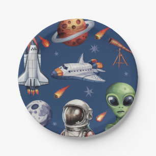 Moderne Raumschiff-Raum-Planet-Birthday oder Dusch Pappteller