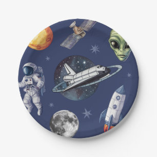 Moderne Raumschiff-Raum-Planet-Birthday oder Dusch Pappteller