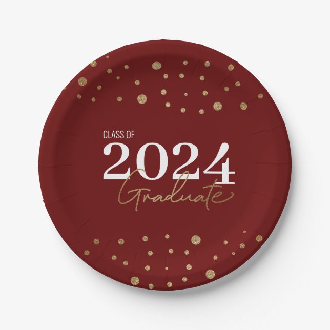Moderne Red Burgundy Gold Class 2024 Graduate Pappteller (Vorderseite)
