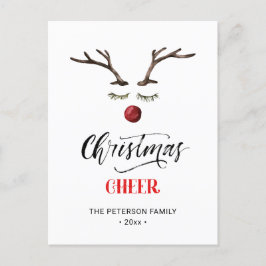 Moderne Red Elegante Script Christmas CHEER Reinde Postkarte