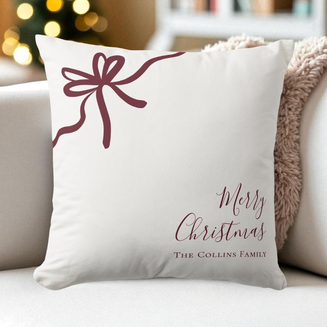Moderne Red Festive Bow Script Frohe Weihnachten Kissen (Modern Red Festive Bow Script Merry Christmas Throw Pillow)