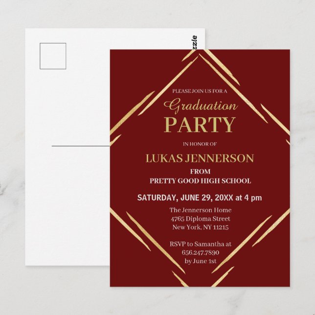 Moderne Red Gold Geometric 2025 Graduation Party Postkarte (Vorne/Hinten)