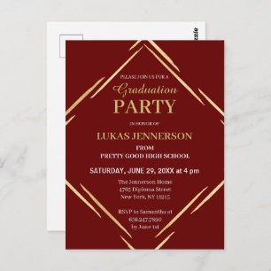 Moderne Red Gold Geometric 2025 Graduation Party Postkarte