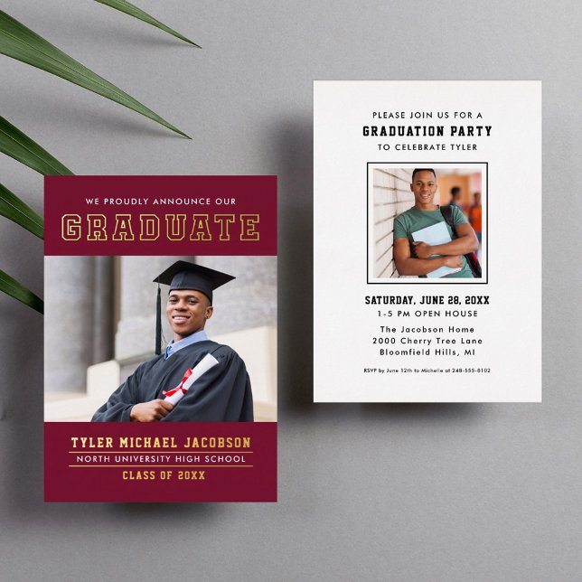 Moderne Red Gold Graduate Foto Graduate Party Folieneinladung (Von Creator hochgeladen)