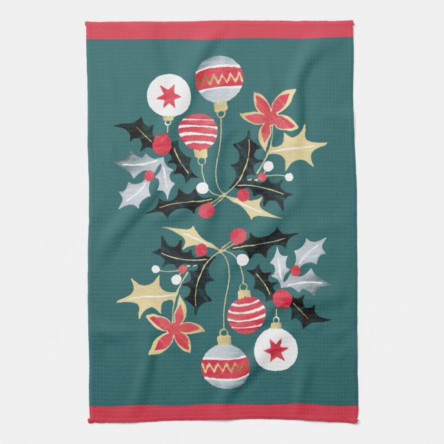 Moderne Red Gold & Silver Ornamente Aquamarin Geschirrtuch (Vertikal)