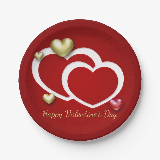 Moderne Red Gold Valentine Hearts Pappteller (Vorderseite)