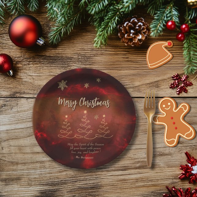 Moderne Red Gold Weihnachtsbaumpapiere Teller (Modern Red Gold Christmas Tree Paper Plates)