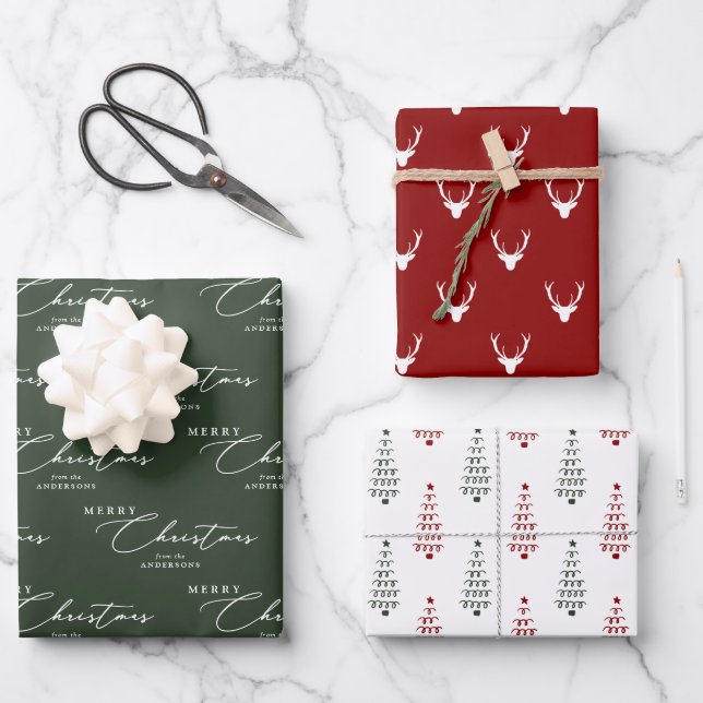 Moderne Red Green & White Frohe Weihnachtsschrift Geschenkpapier Set (Vorderseite)