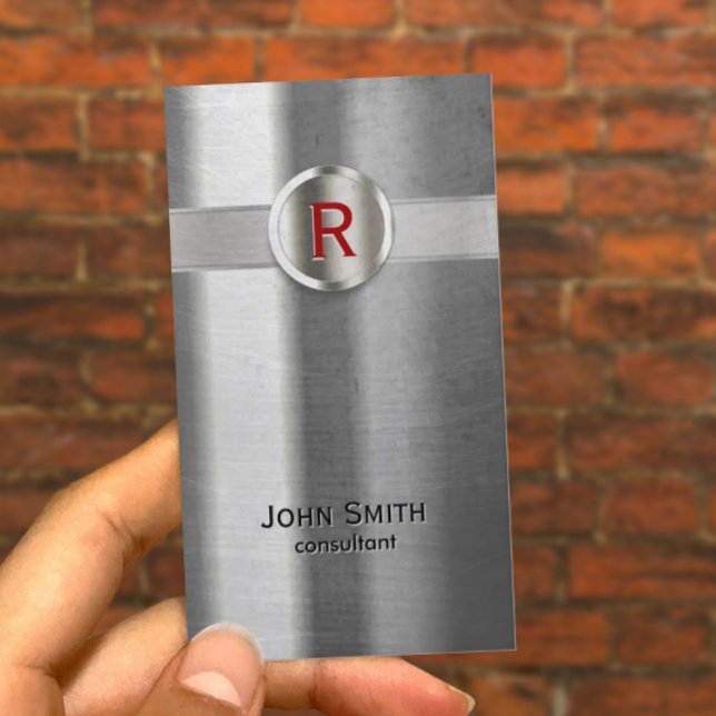 Moderne Red Monogram Metal Texture Business Card Visitenkarte (Von Creator hochgeladen)