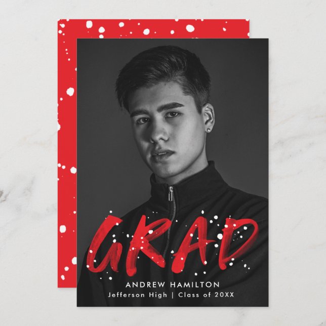Moderne Red Paint Spritzer Foto Graduation Party Einladung (Vorne/Hinten)