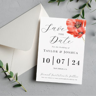 Moderne Red Poppy Wedding rettet das Datum   Flora Save The Date