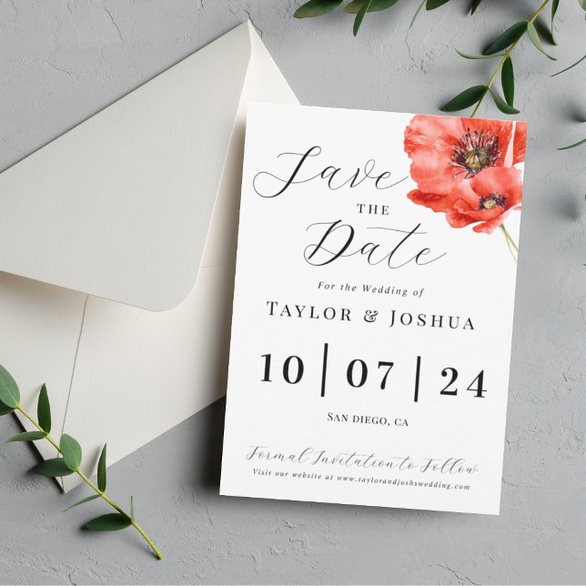 Moderne Red Poppy Wedding Save the Date Postcard Postkarte (Von Creator hochgeladen)