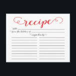 Moderne Red Script Brautparty Rezept Cards Postkarte<br><div class="desc">Zeitgenössische Brautparty Küche Rezept Karten mit einem stilvollen roten Typografie-Script Schriftart Set auf einem knackigen weißen Hintergrund. Die Vorderseite unserer Rezeptkarte bietet Platz für einen Rezeptitel, von der Küche der Zutaten Platz. Dreh unsere Rezeptkarte um die Anfahrtszeiten, die Vorbereitungszeit und die Gesamtzeit anzuzeigen. Besuchen Sie unseren Shop für passende Brautduscheinladungen....</div>