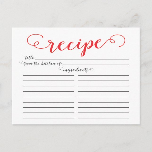 Moderne Red Script Brautparty Rezept Cards Postkarte (Vorderseite)