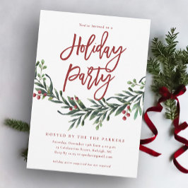 Moderne Red Script Greenery Holiday Party Einladung