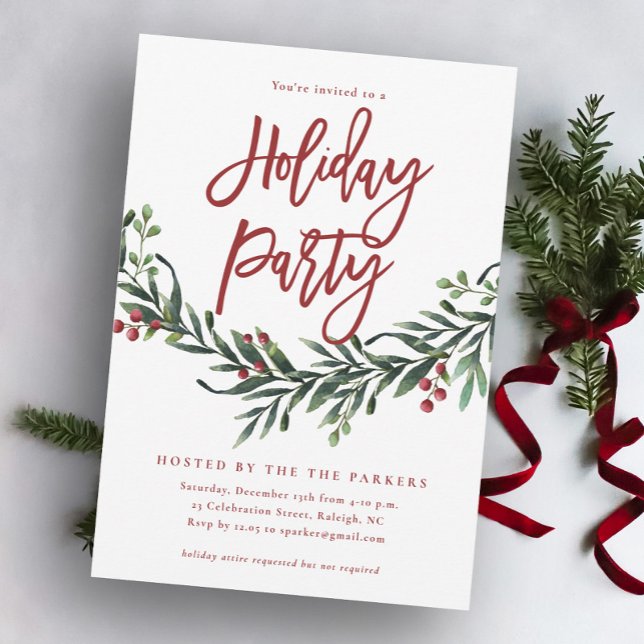 Moderne Red Script Greenery Holiday Party Einladung (Von Creator hochgeladen)