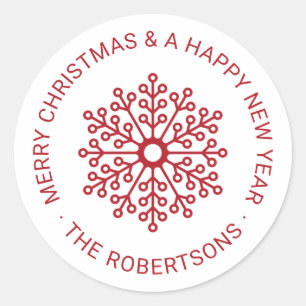 Moderne Red Snowflake Frohe Weihnachtsmarke Sticke Runder Aufkleber