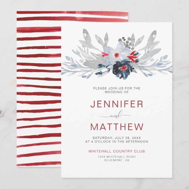 Moderne Red Stripes Navy Red Gray Floral Wedding | Einladung (Vorne/Hinten)