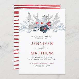 Moderne Red Stripes Navy Red Gray Floral Wedding   Einladung